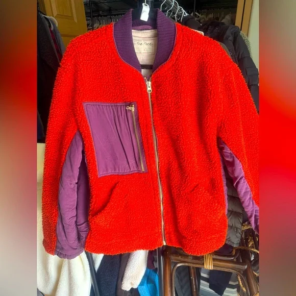Free People Rivington fleece zip up size Small red with black purple vintage - Picture 4 of 16